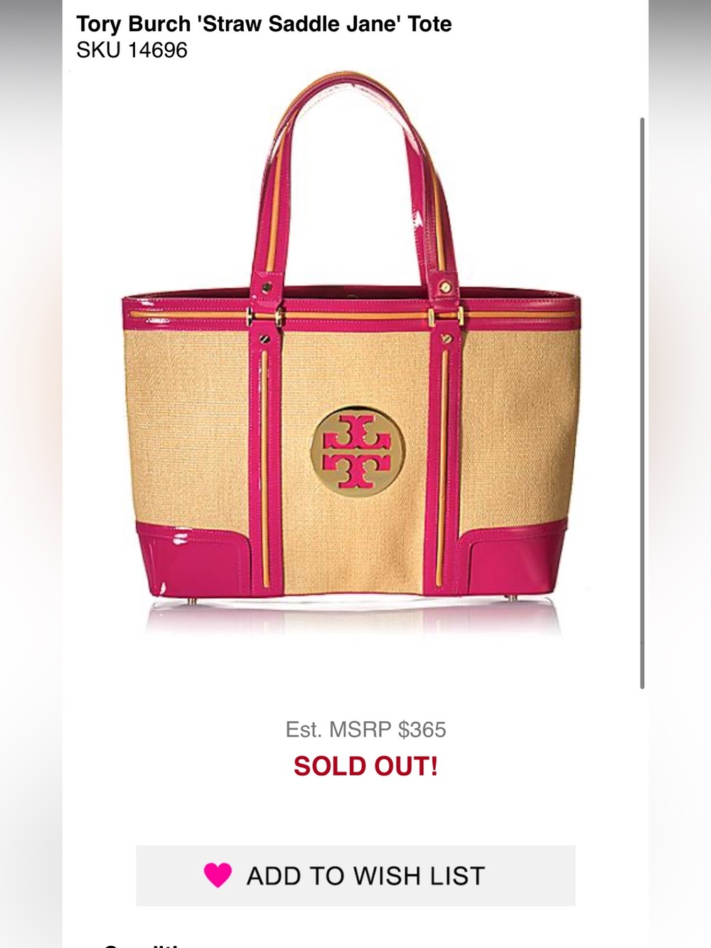 Tory Burch Straw Tote with Fuchsia Patent Trim and Gold Logo - Picture 3 of 12